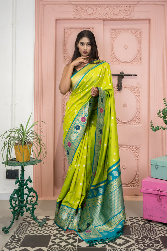 Banarasi Silk Saree with Circular Zari Motifs & Ethnic Border Design (Lemon Green)