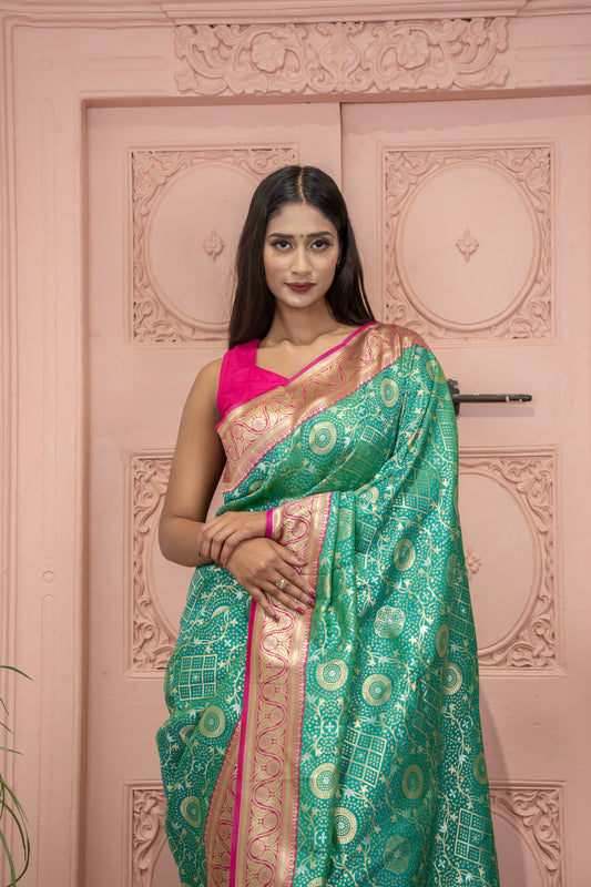 Banarasi Silk Saree with Circular Zari Motifs and Elegant Contrast Border (Greenish Blue)