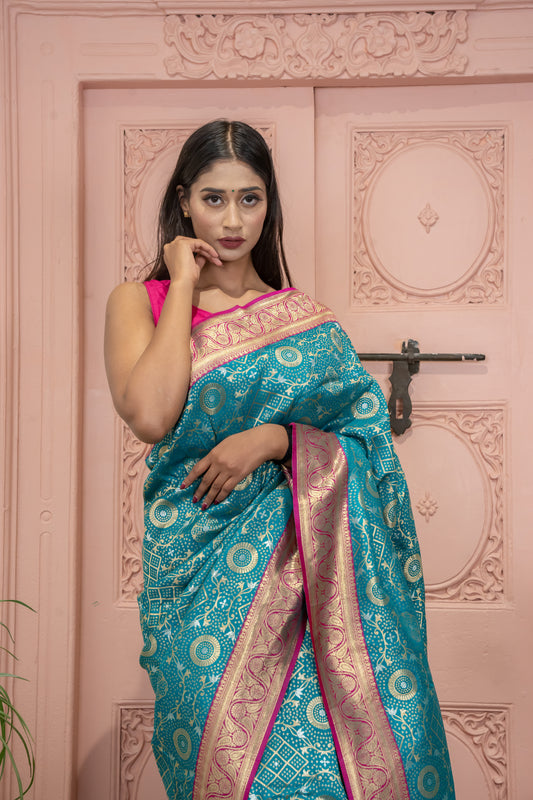 Banarasi Silk Saree with Circular Zari Motifs and Elegant Contrast Border (Tiffny Blue)