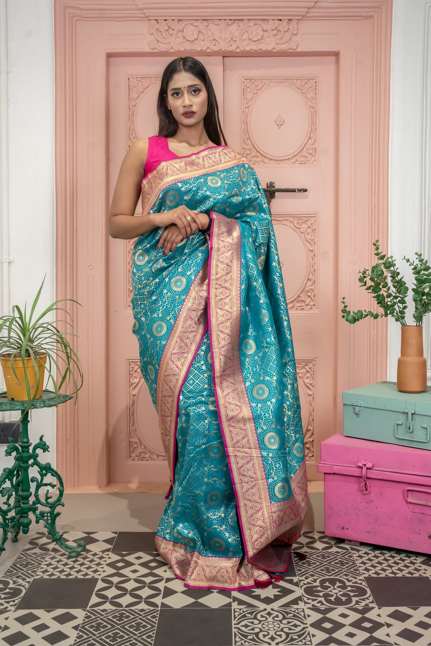 Banarasi Silk Saree with Circular Zari Motifs and Elegant Contrast Border (Tiffny Blue)