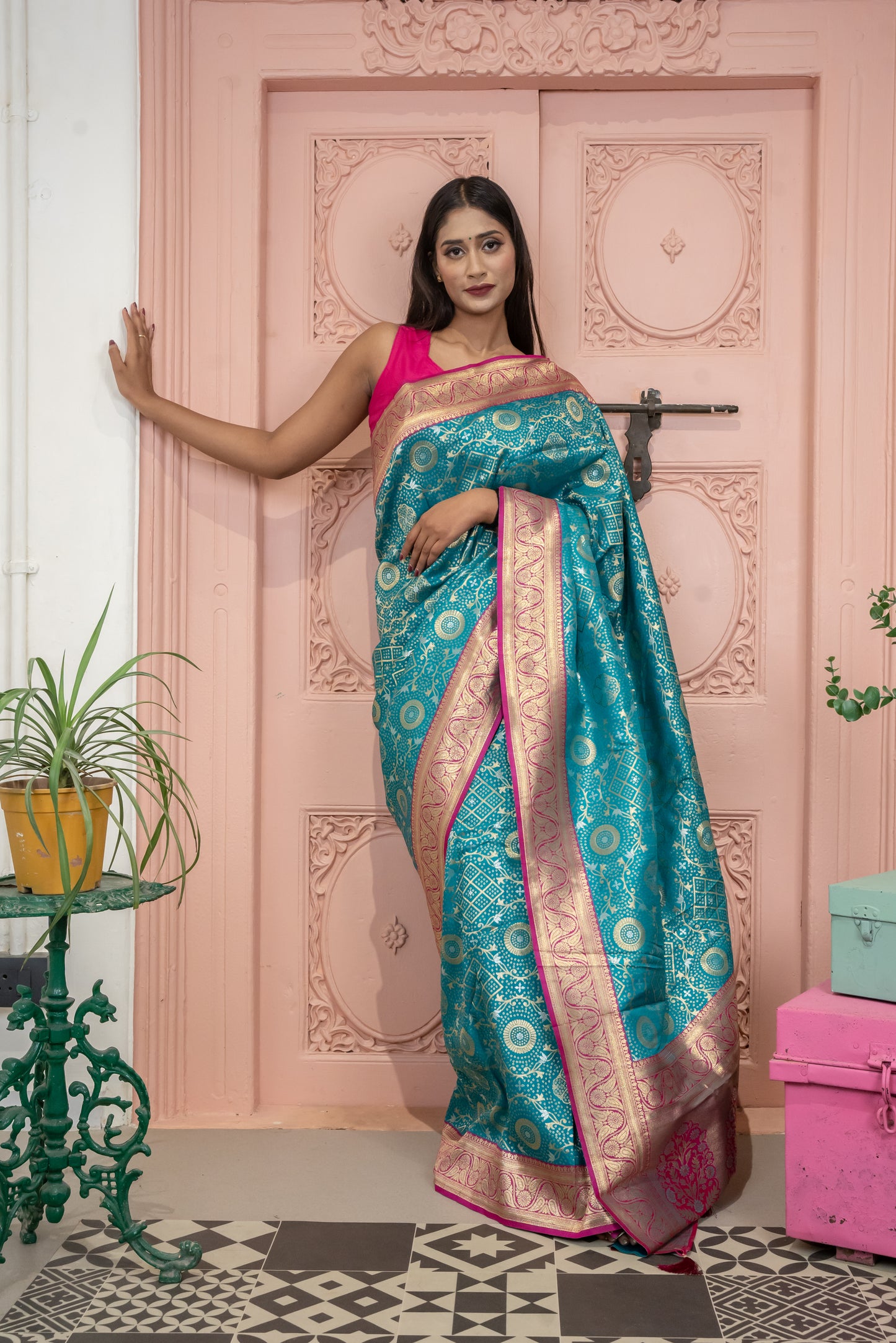 Banarasi Silk Saree with Circular Zari Motifs and Elegant Contrast Border (Tiffny Blue)