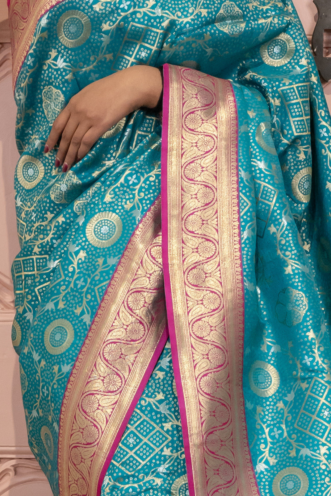 Banarasi Silk Saree with Circular Zari Motifs and Elegant Contrast Border (Tiffny Blue)