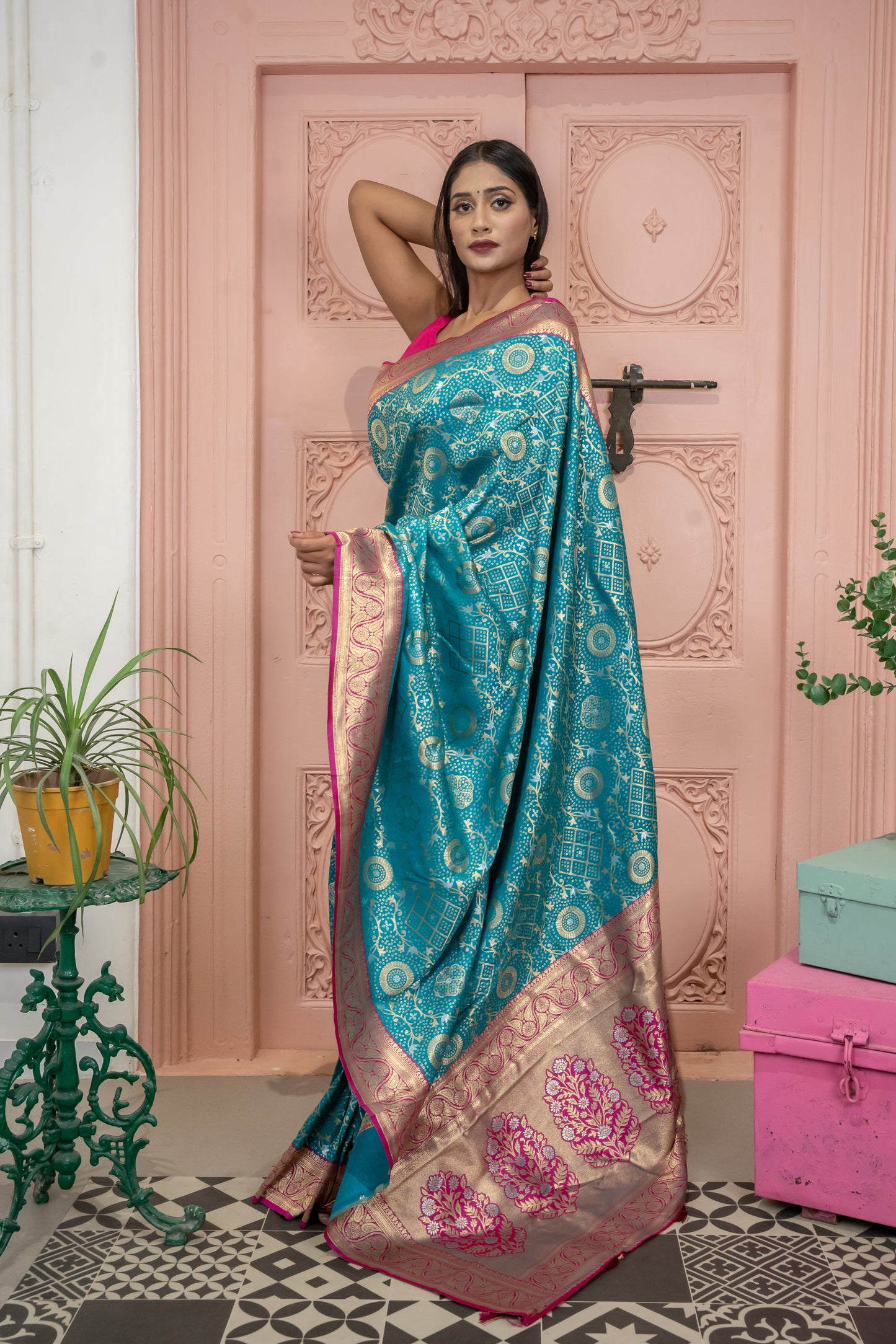 Banarasi Silk Saree with Circular Zari Motifs and Elegant Contrast Border (Tiffny Blue)