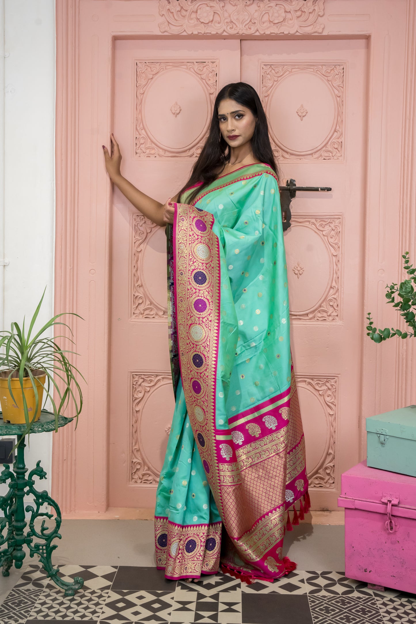 Banarasi Silk Saree with Circular Zari Motifs & Ethnic Border Design (Rama Colour)