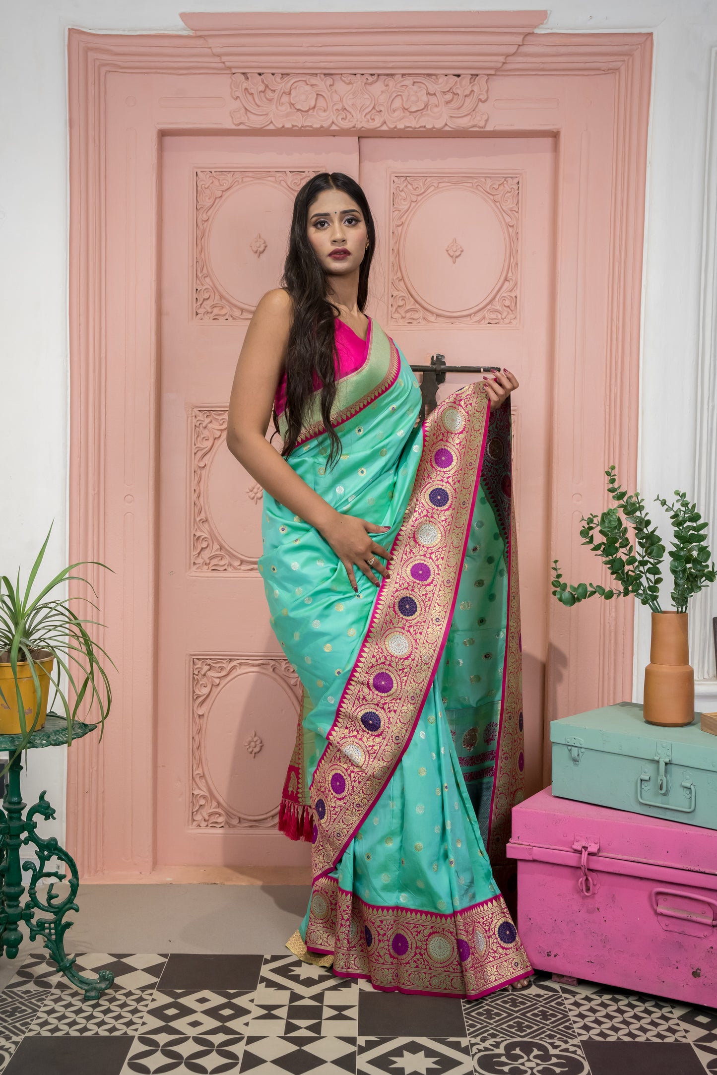 Banarasi Silk Saree with Circular Zari Motifs & Ethnic Border Design (Rama Colour)