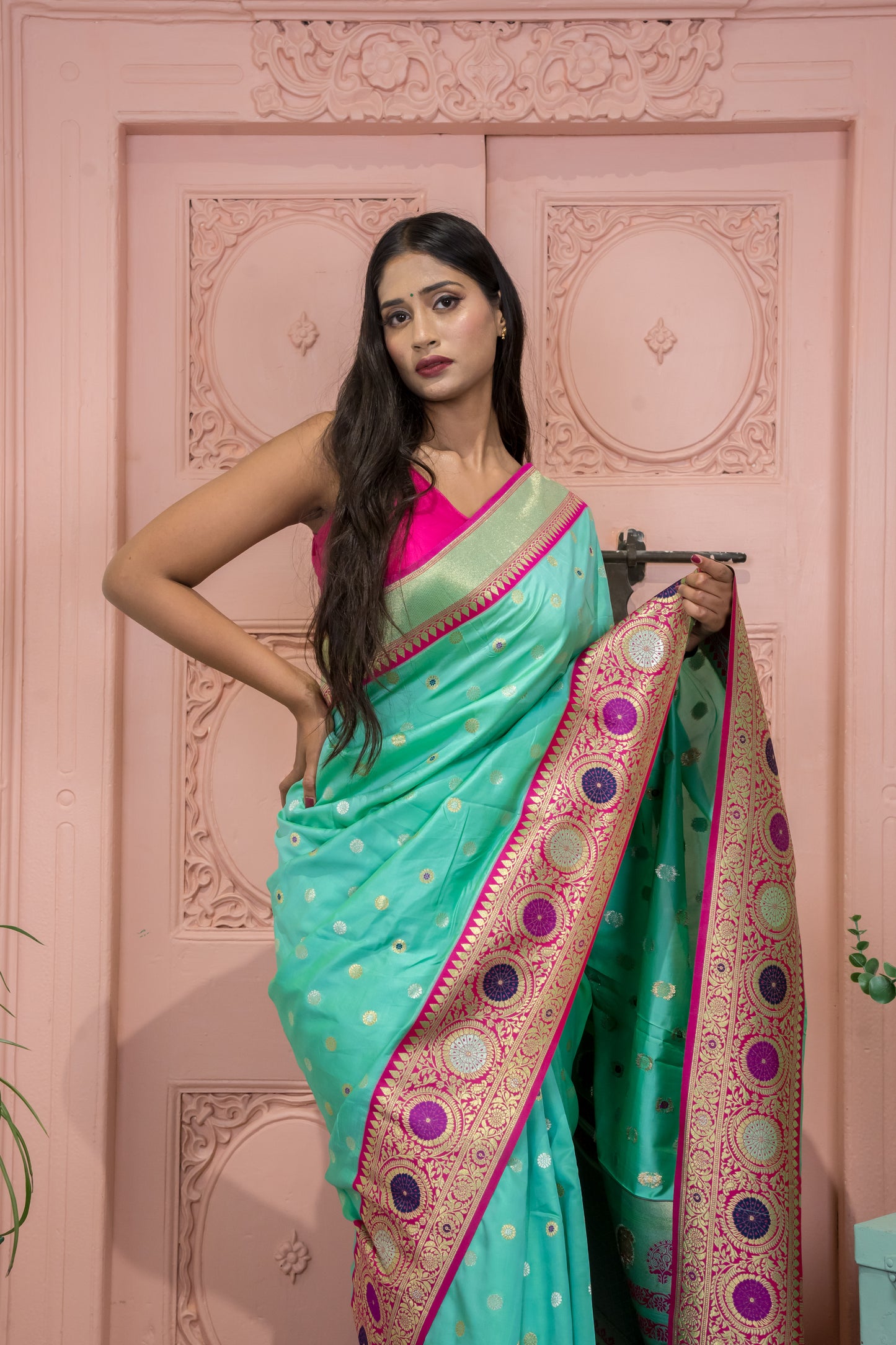 Banarasi Silk Saree with Circular Zari Motifs & Ethnic Border Design (Rama Colour)