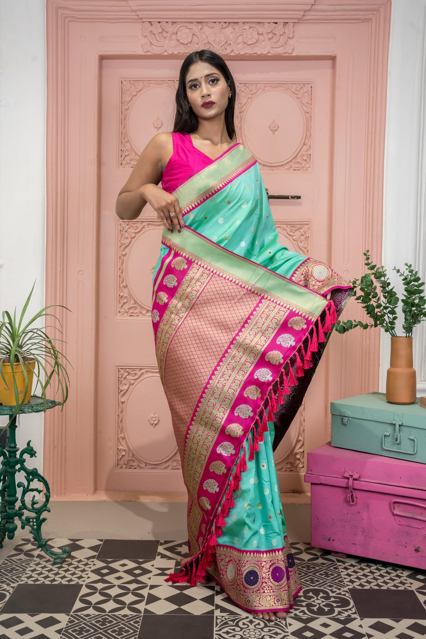 Banarasi Silk Saree with Circular Zari Motifs & Ethnic Border Design (Rama Colour)