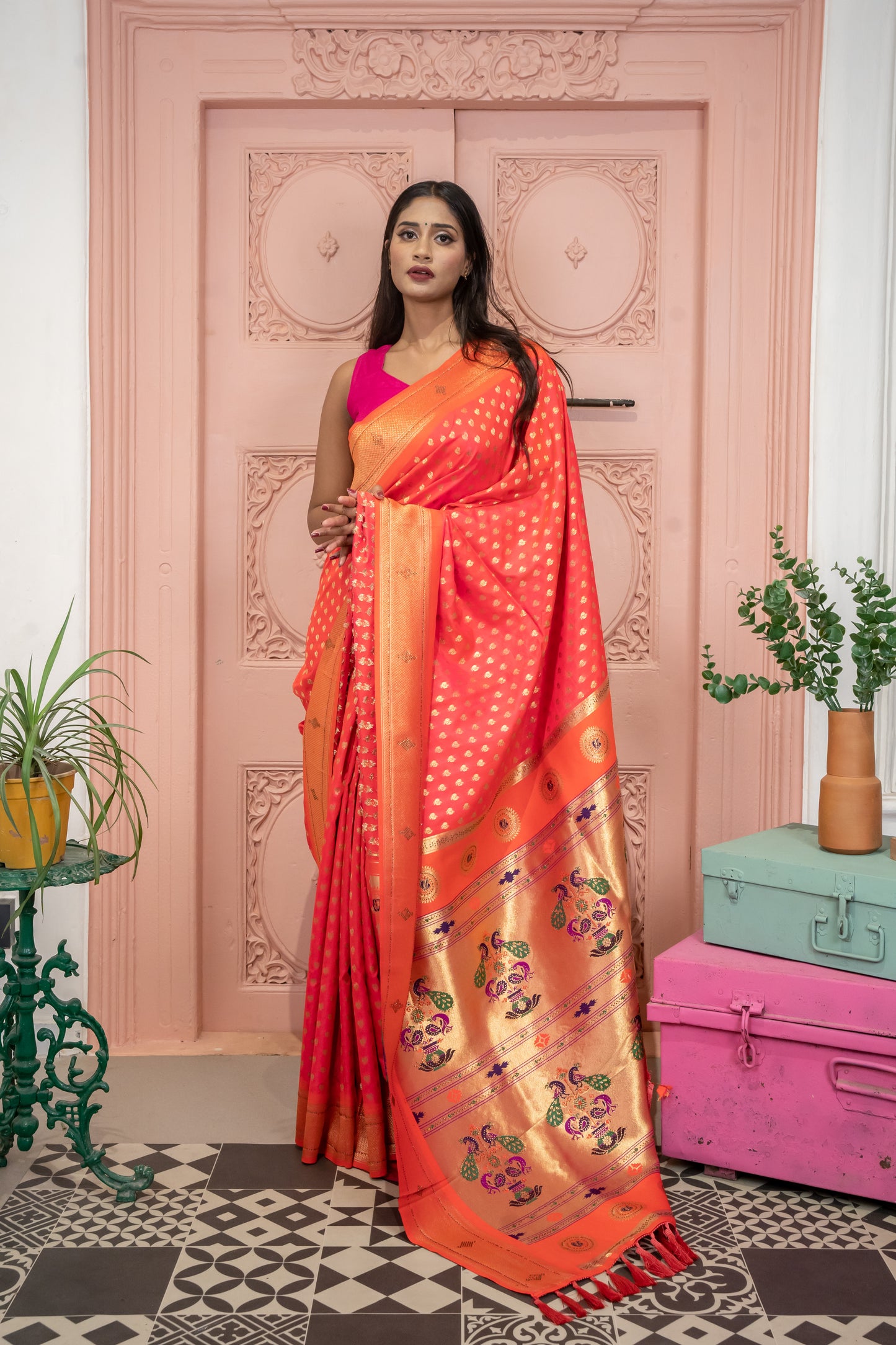 Pure Silk Paithani Saree with Peacock Buttis and Sirowski worked Peacock Pallu in Peach