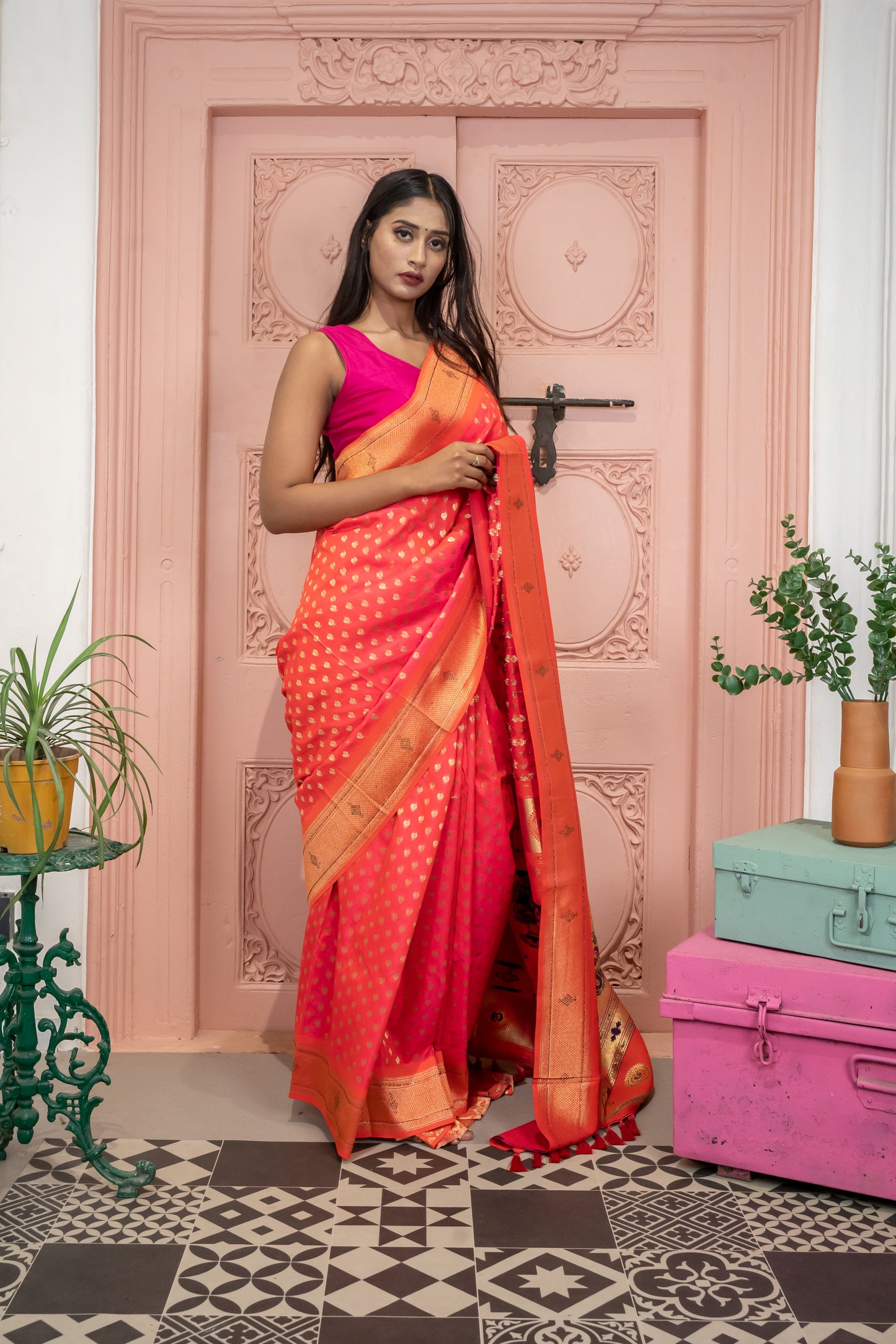 Pure Silk Paithani Saree with Peacock Buttis and Sirowski worked Peacock Pallu in Peach