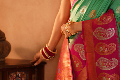 Soft Katan Silk Saree with Copper Jari & Silver Jari Meenakari - Jagmohini