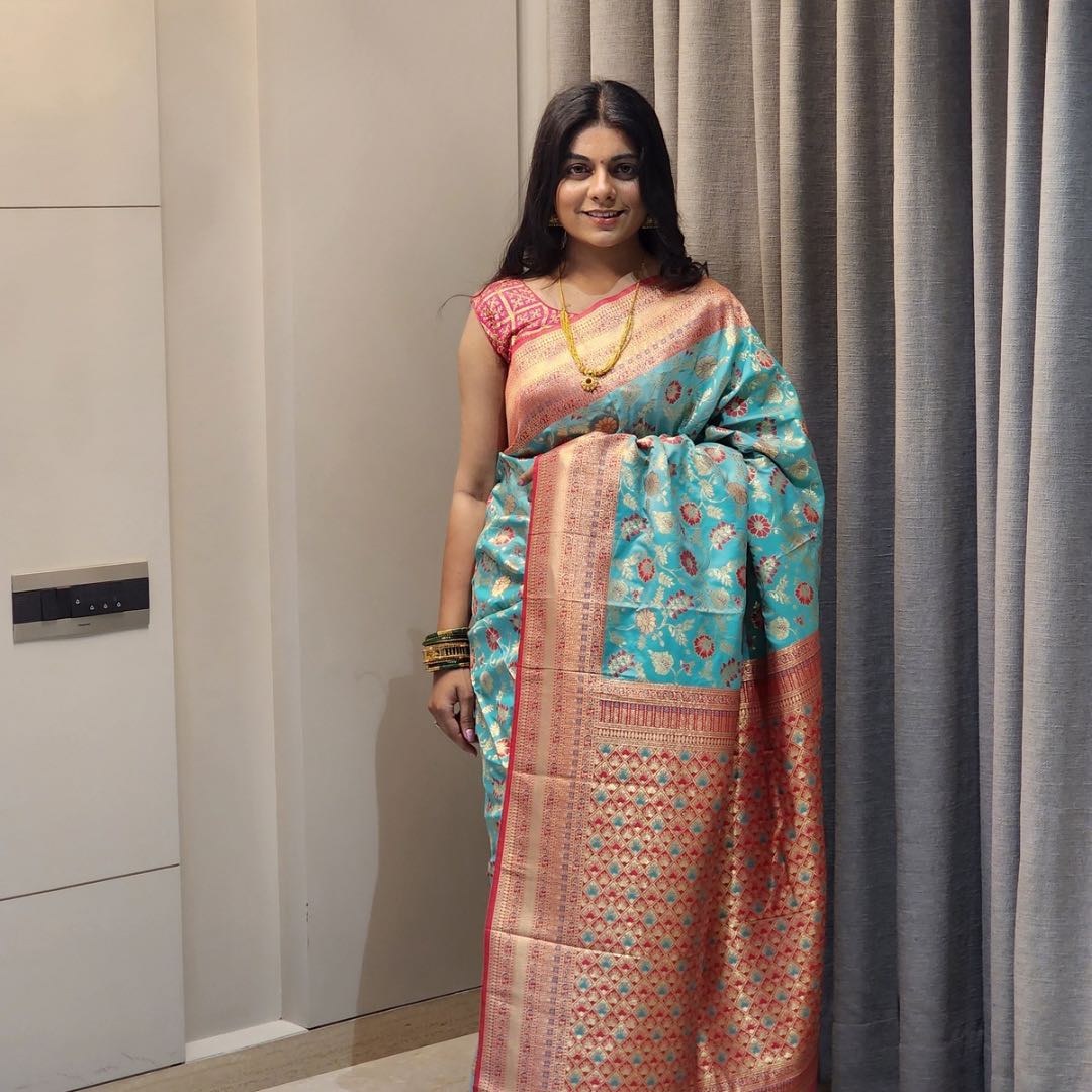 Handcrafted Sea Blue Soft Silk Sarees with Royal Silver Jari Weaving - Jagmohini