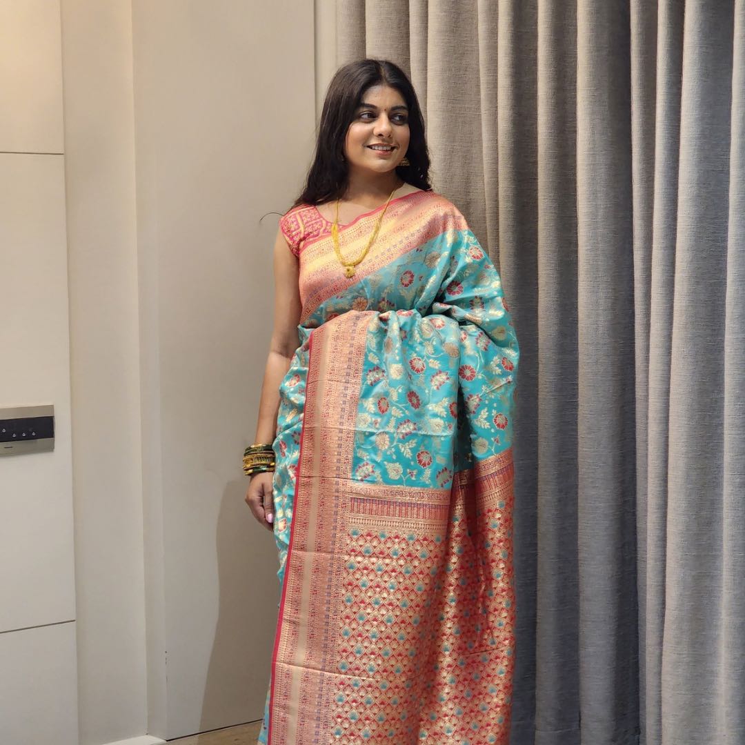 Handcrafted Sea Blue Soft Silk Sarees with Royal Silver Jari Weaving - Jagmohini
