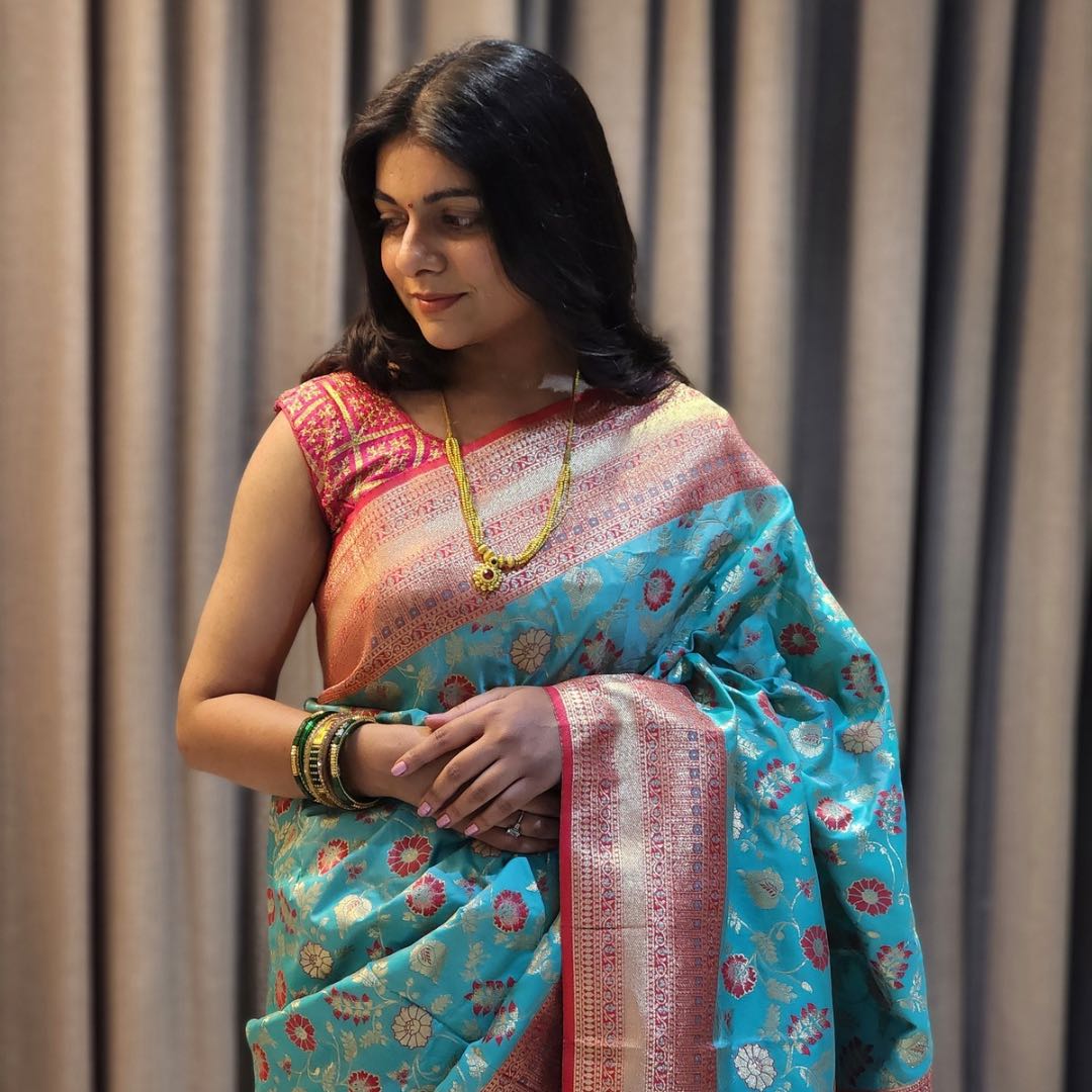Handcrafted Sea Blue Soft Silk Sarees with Royal Silver Jari Weaving - Jagmohini