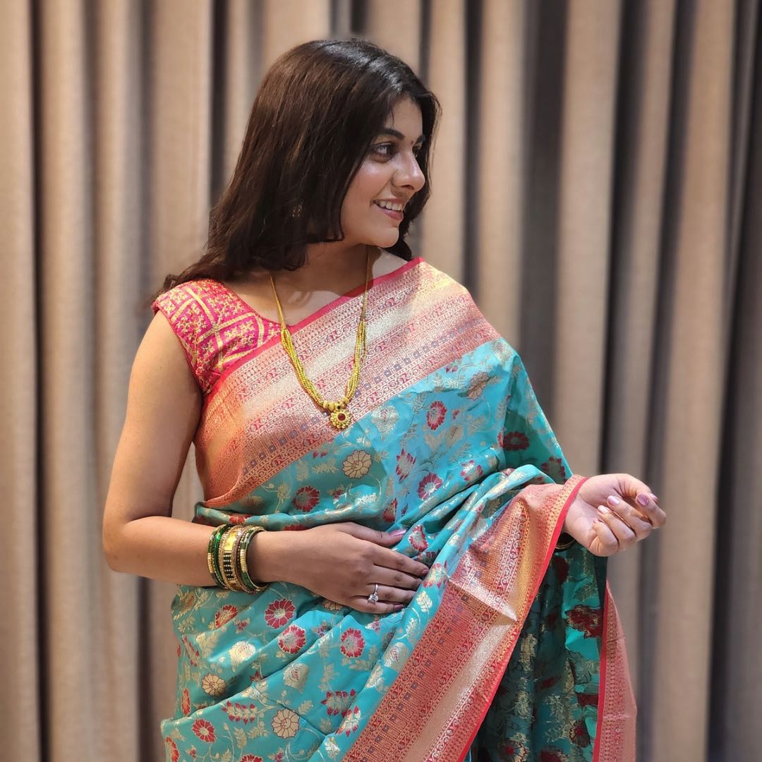 Handcrafted Sea Blue Soft Silk Sarees with Royal Silver Jari Weaving - Jagmohini