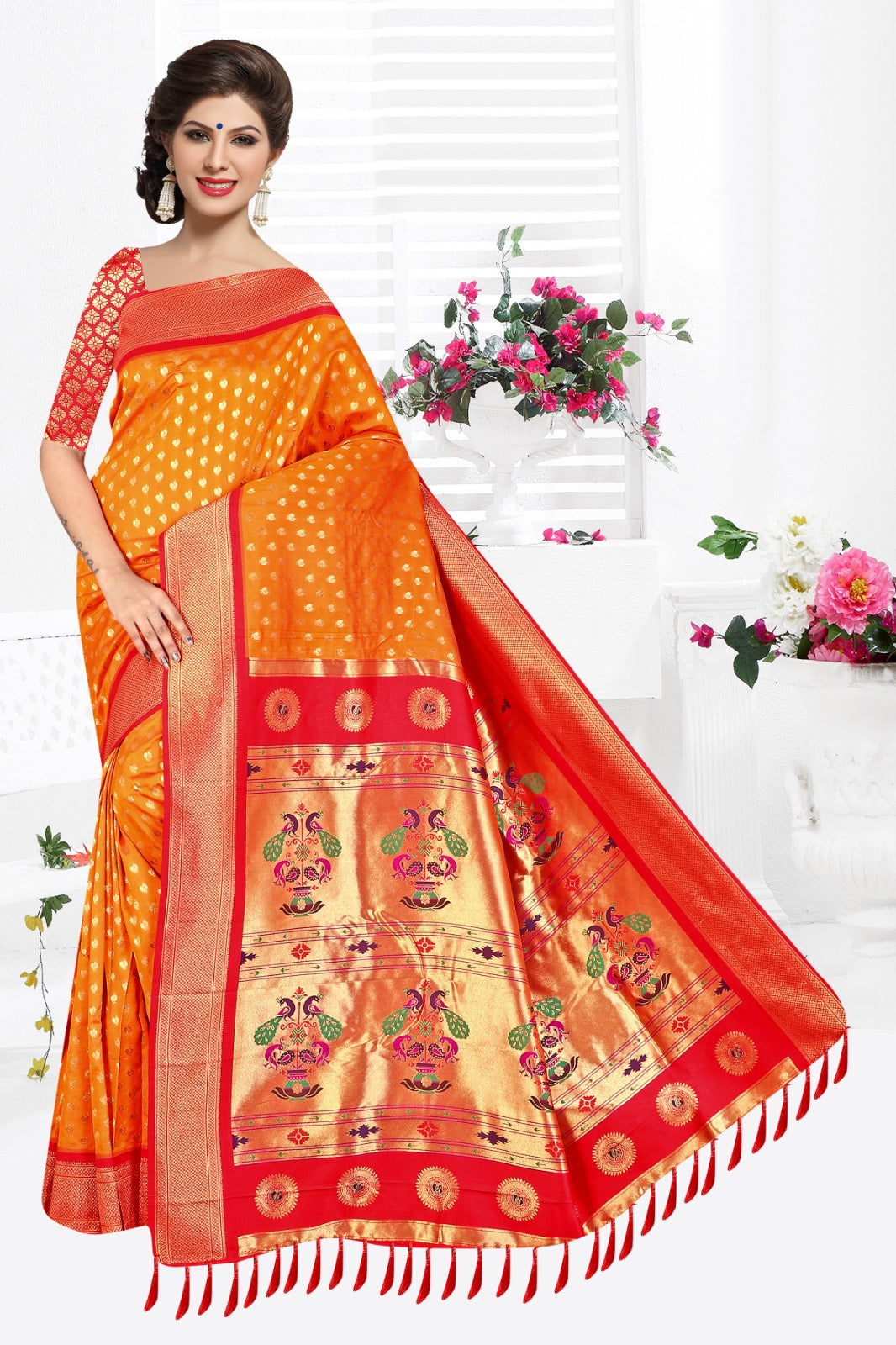 Paithani Silk Saree with Heritage Hues Design (Orange)