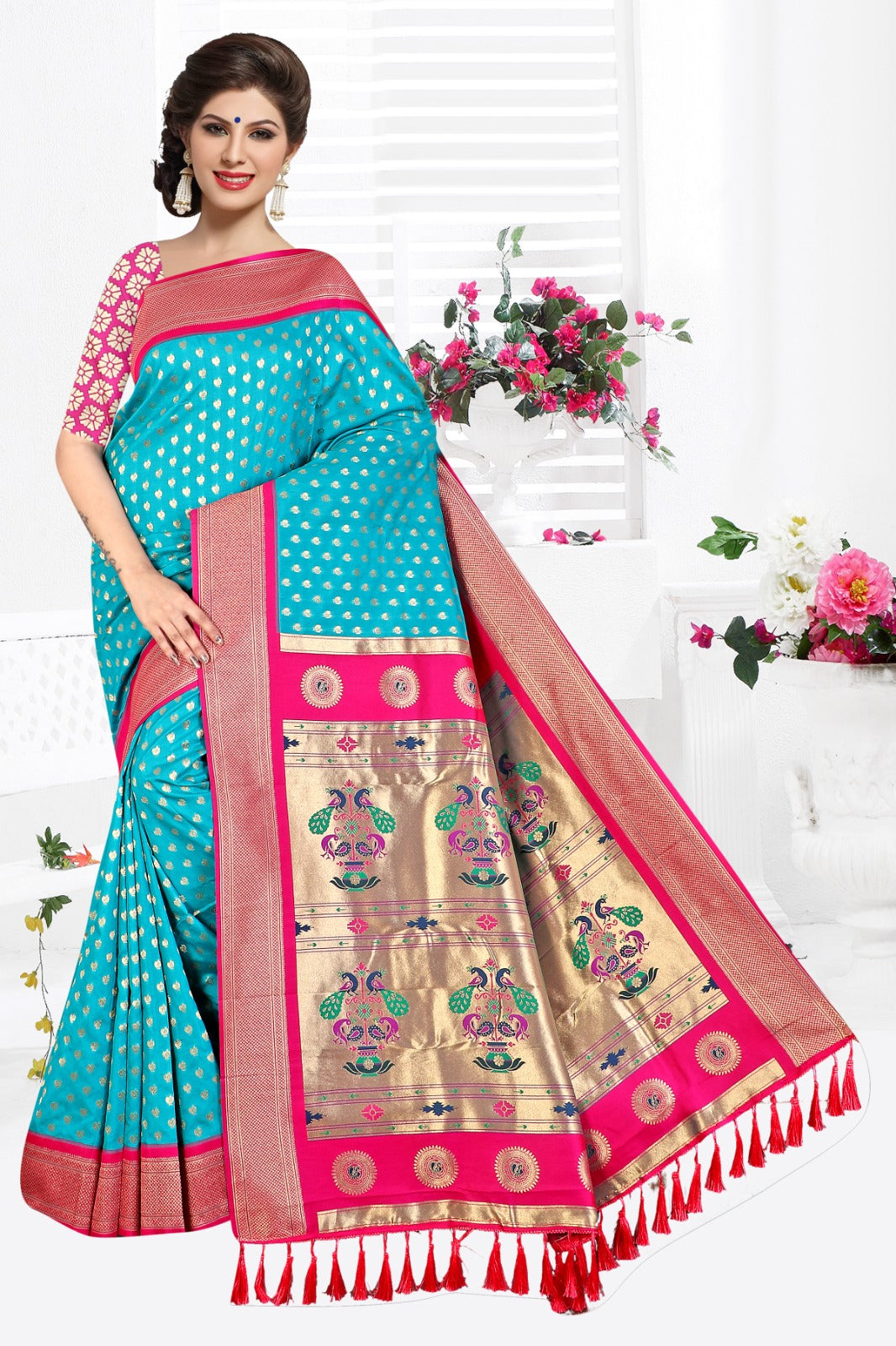 Paithani Silk Saree with Heritage Hues Design (Tiffany Blue)