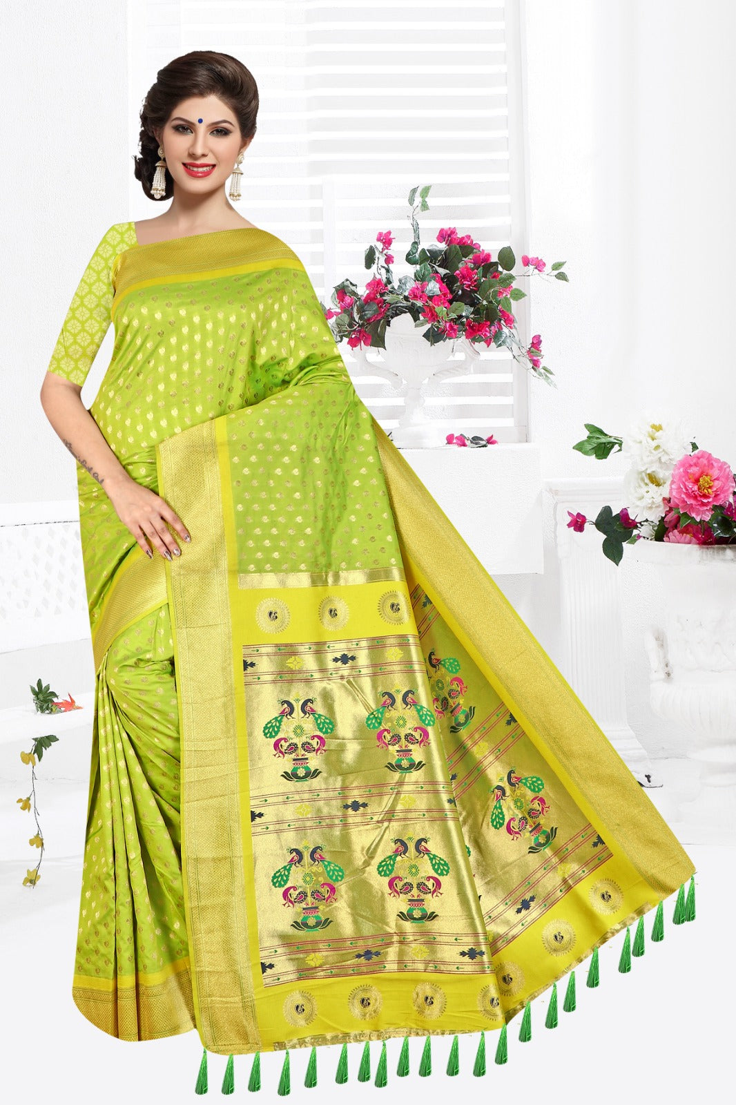 Paithani Silk Saree with Heritage Hues Design (Lime Green)